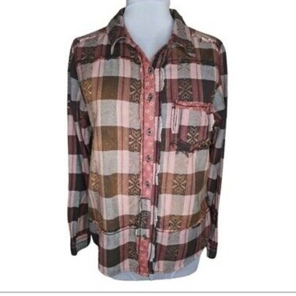 Free People We the Free Embroidered Plaid Shirt with Exposed Raw Seams S - Picture 8 of 14